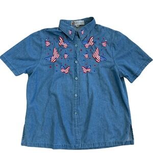 Passion Vintage Embroidered Denim Button Up Shirt‎ Women Lrg Butterfly Patriotic